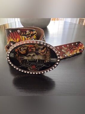 Ed Hardy Brown Leather Tiger Buckle Belt with Crystal Trim